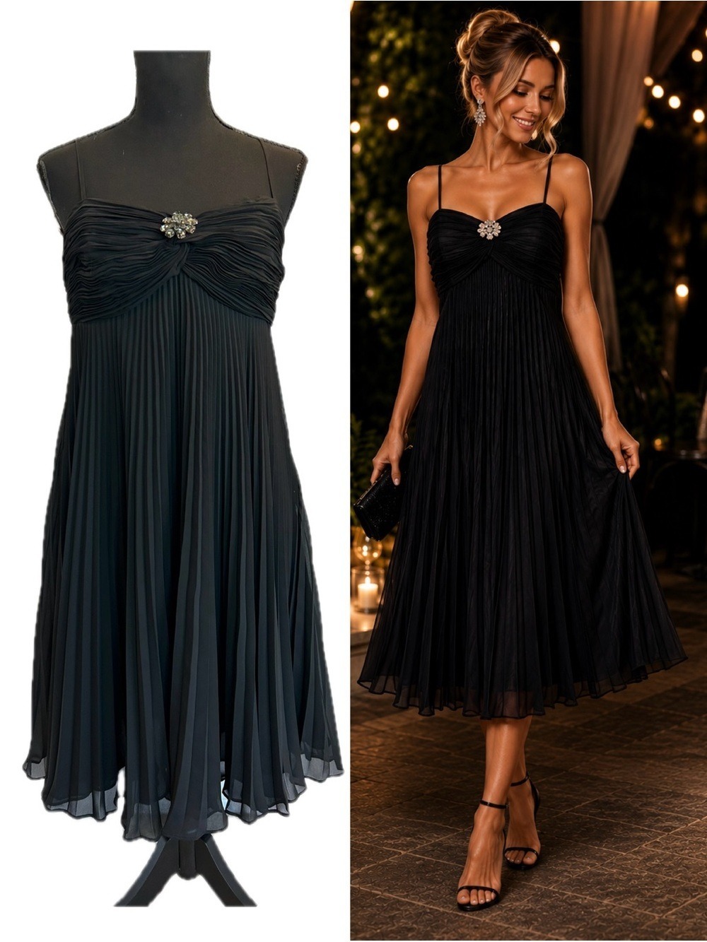 Marks & Spencer Autograph Black Pleated Chiffon Cocktail Dress 6 Crystal Brooch